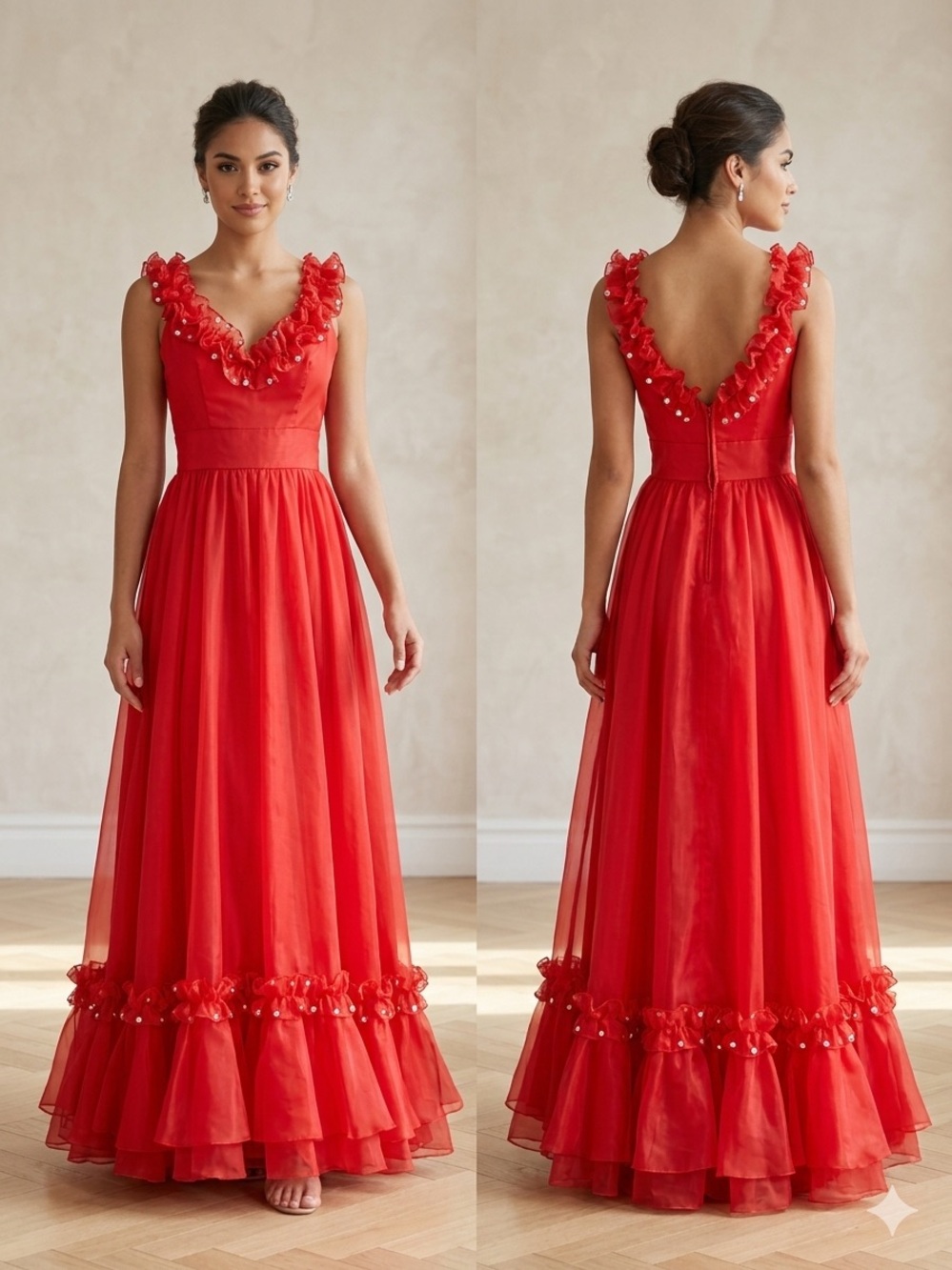 Red Floral-Trim V-Neck Evening Gown - Picture 1 of 11